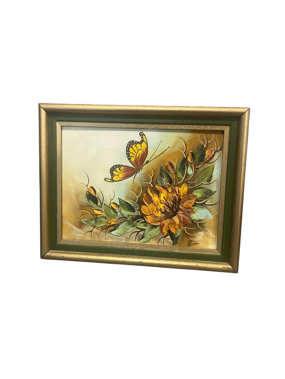 Mid-Century Vibrant Butterfly Sunflower Oil Painting Framed Signed J. Pierre